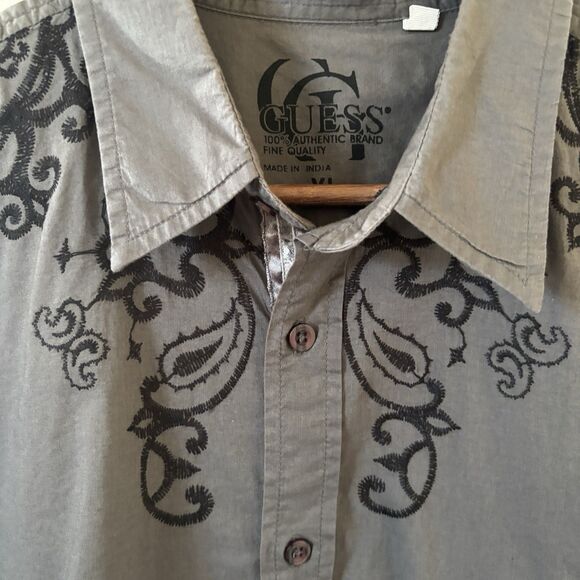 Guess Mens Y2K Grunge Button Shirt Grey XL Graphic Long Sleeve Cross Biker Angel - Picture 4 of 11